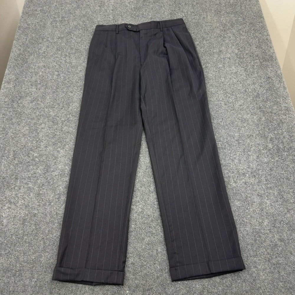 Jos A Bank Dress Pants Men 36 LG Navy Blue Wool Pinstripe Pleated Cuffed Classic